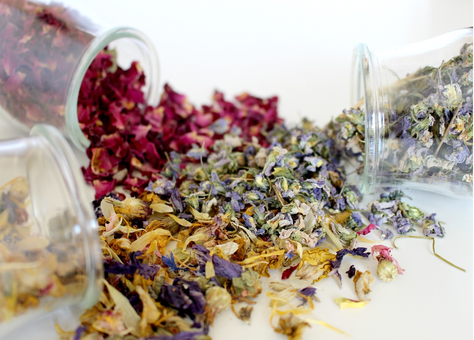 herbs spilling out on to table