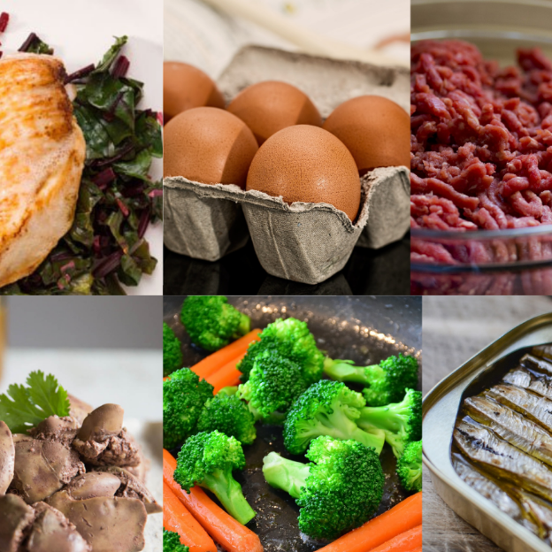 Collage of meat, eggs, grains, green veggies etc.