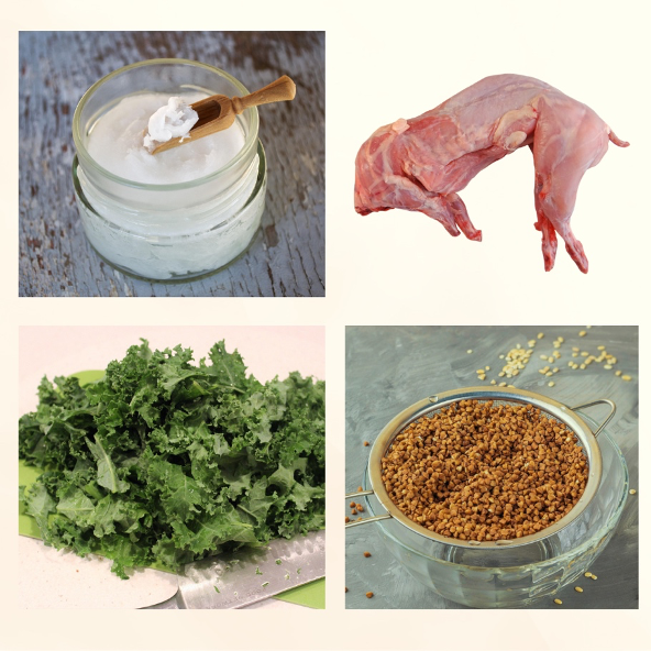 four quadrant image with rabbit, grains, veggies.